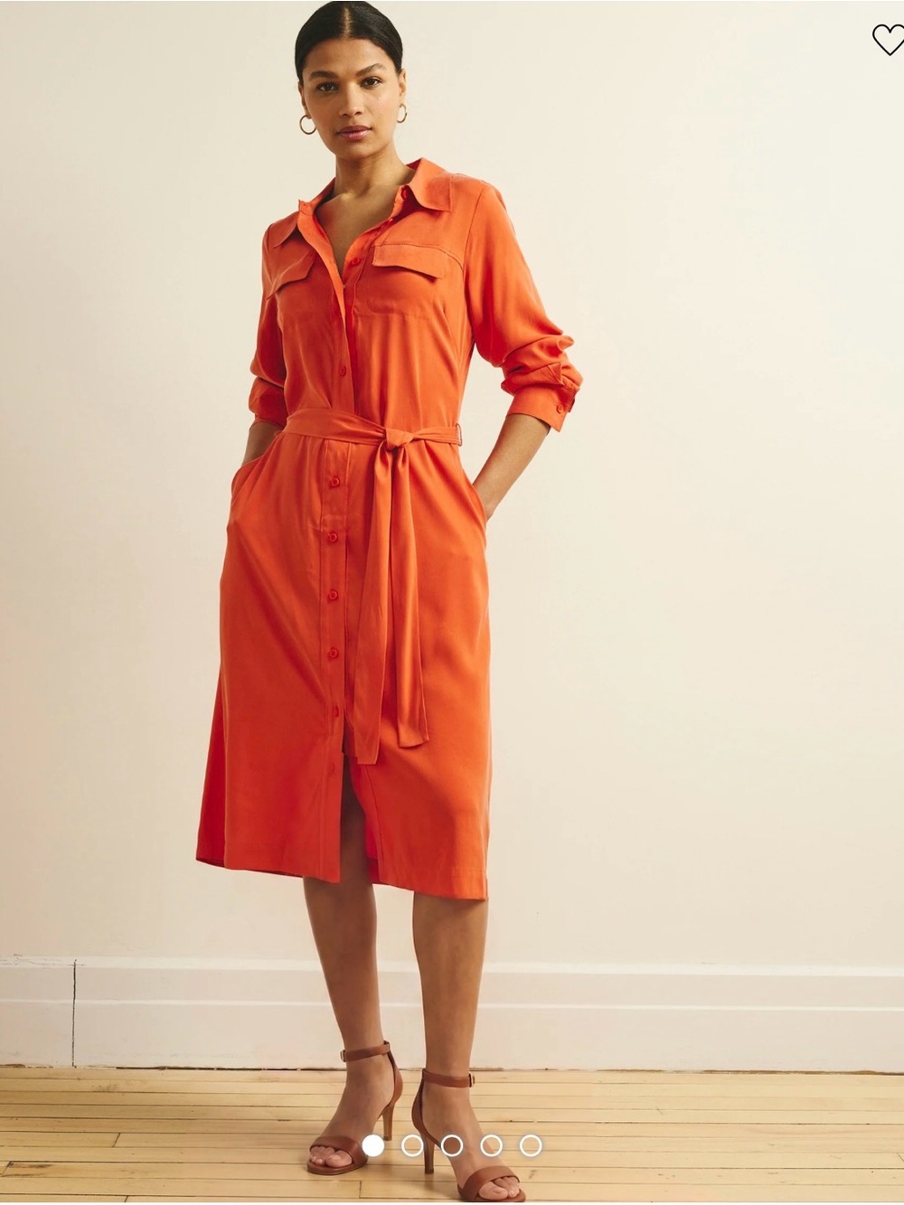 Nine West Red-Orange Long Sleeve Shirt Dress with Tie